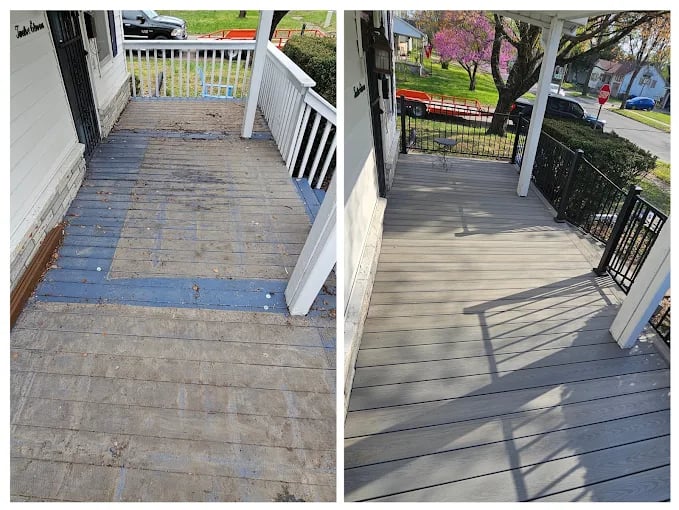 Before and after wooden deck restoration with clean, refinished surface