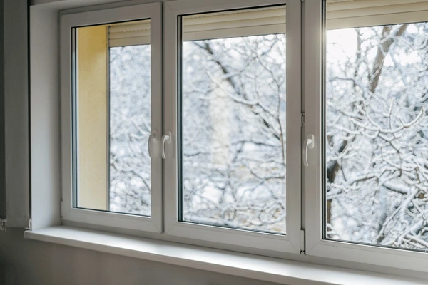 Aluminum Window inside view looking out at snowy landscape